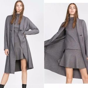 New Zara Knit Gray Long Duster Coat with Draped Neck